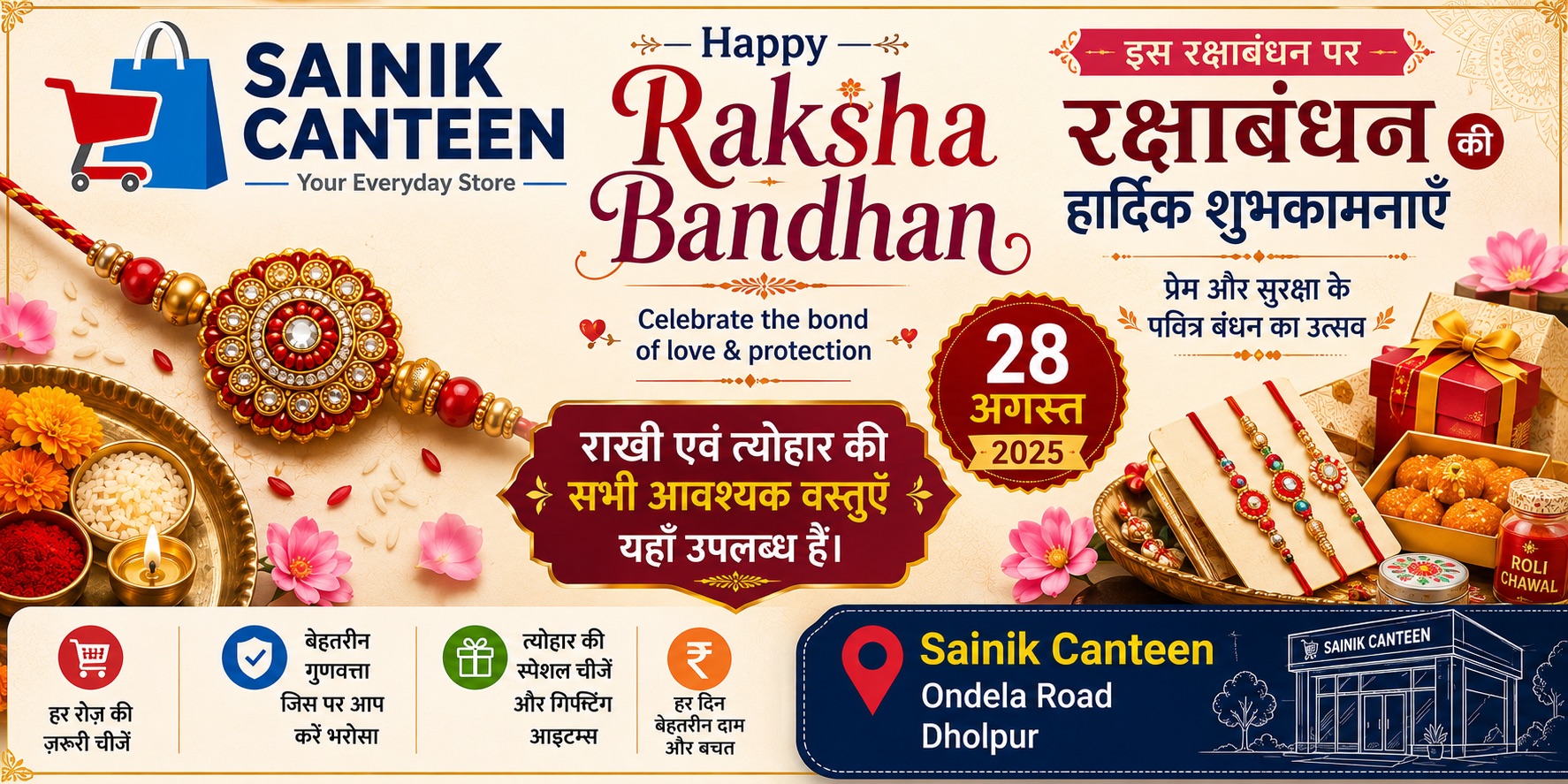 Sainik Canteen Raksha Bandhan rakhi and festive essentials banner